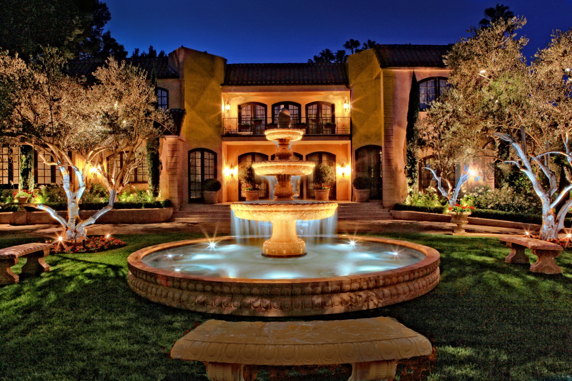 BSH Landscape Lighting — architectural uplighting on estate at night