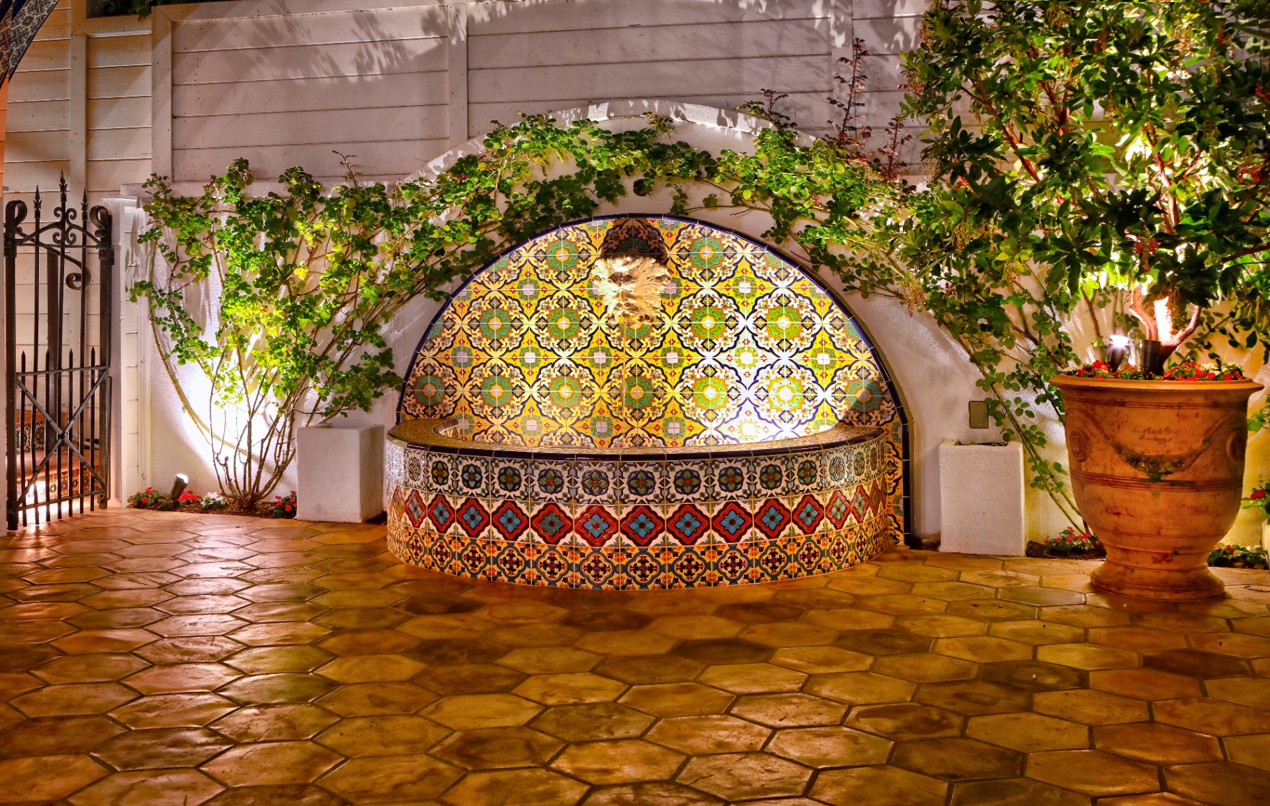 BSH Water Features — arched wall fountain with Moroccan tile mosaic