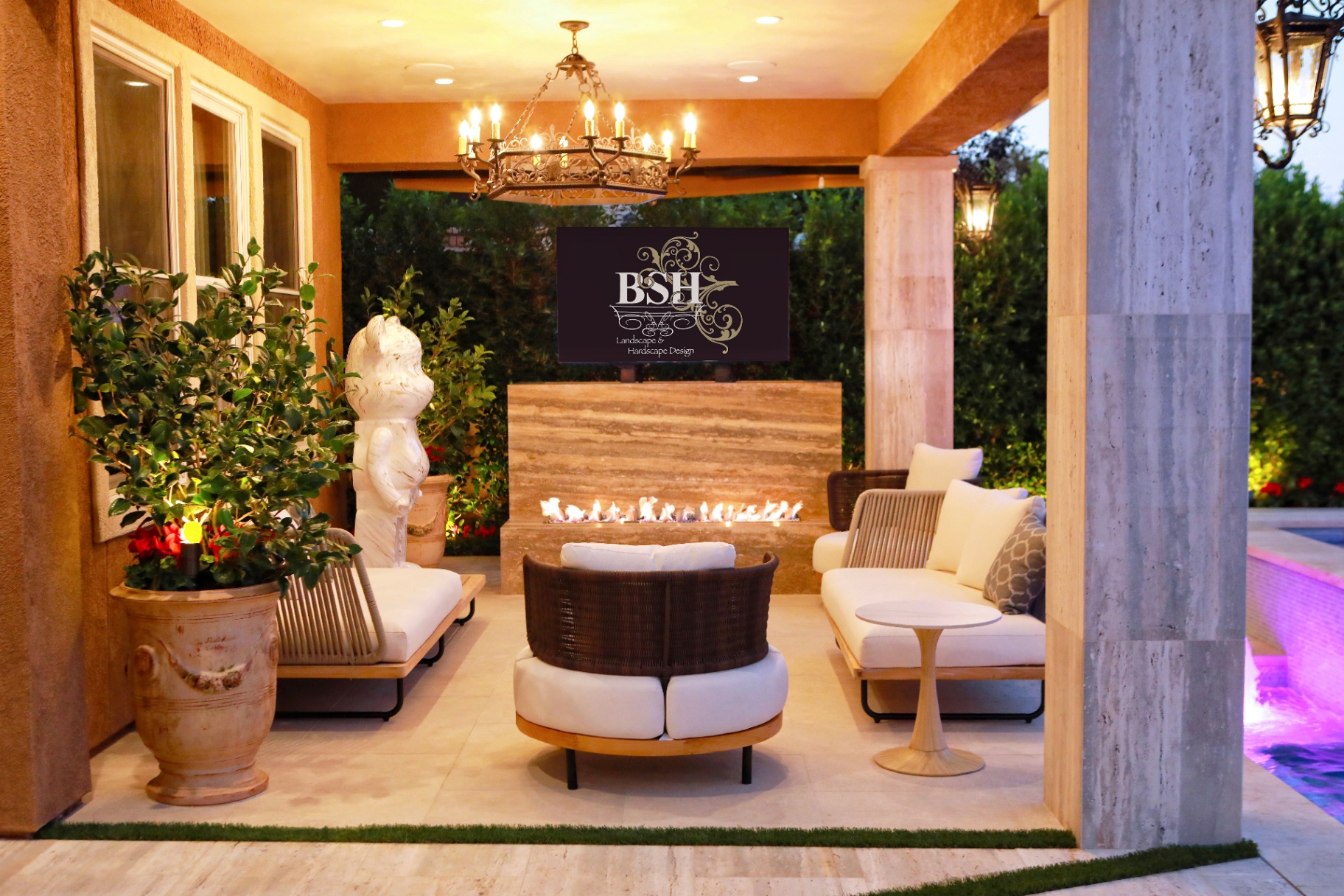 BSH Outdoor Living Spaces — elegant covered patio with travertine fireplace