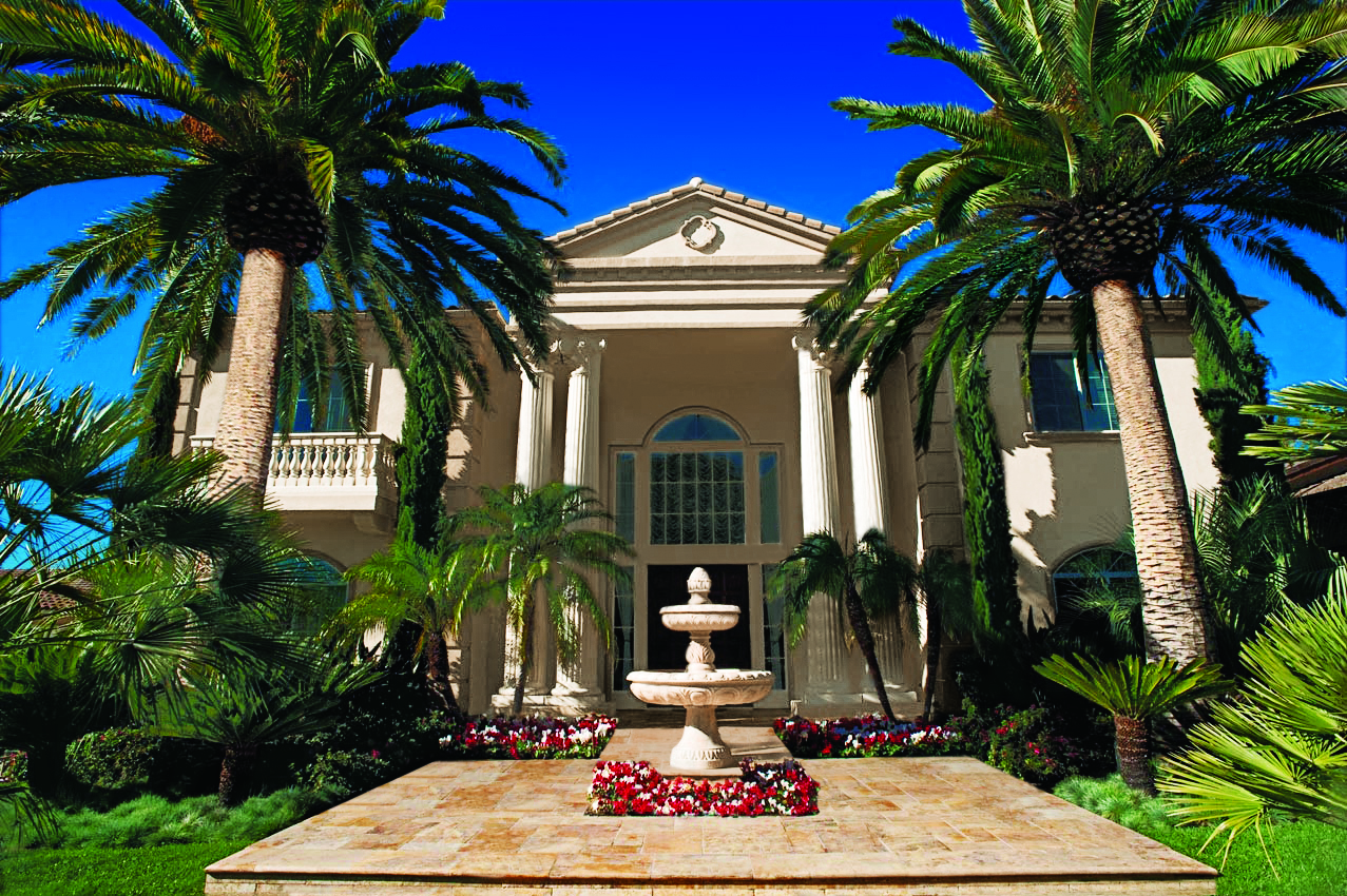 BSH Water Features — elegant entry fountain with royal palms